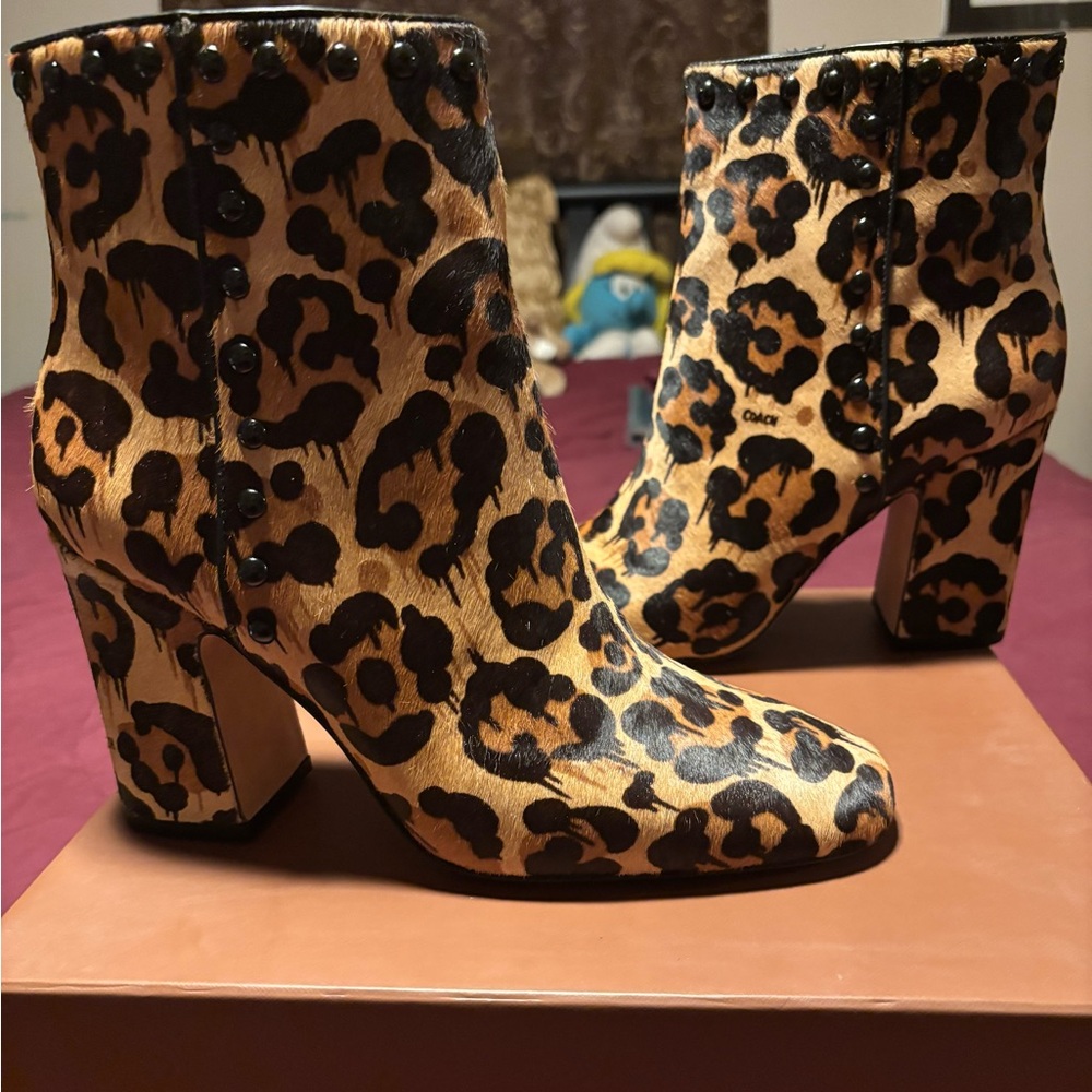 Coach Leopard Print Calf Hair Ankle Boots